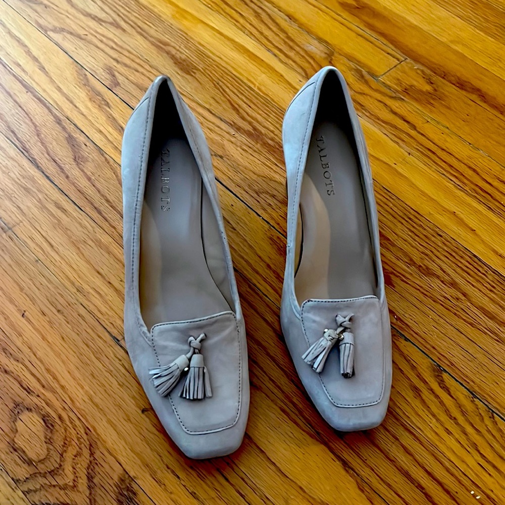brand new Talbots high heel tassel suede shoes heel is 3 inches high.